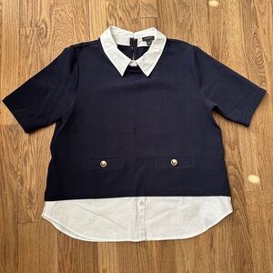 Ann Taylor Dark Blue and White Contrast Blouse